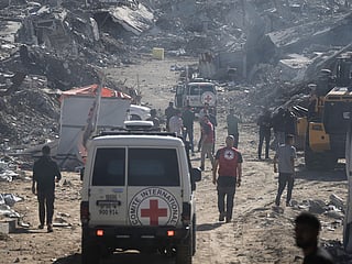 A yellow block demarcating the "Yellow Line," which has separated the Gaza Strip's Israeli-held and Palestinian zones since the October ceasefire.