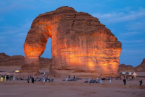 Tourists at the Elephant Rock. The Elephant Rock is one of the world’s most popular rocks and the highlight of the region of AlUla.