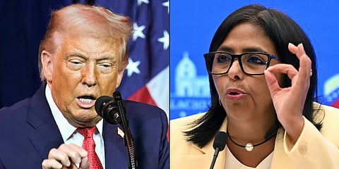 This combination of pictures created on January 07, 2026 shows US President Donald Trump speaks during the House Republican Party (GOP) member retreat at the Kennedy Center in Washington, DC, on January 6, 2026, and Venezuelan vice-president Delcy Rodriguez gestures as she speaks during a press conference at Miraflores Presidential Palace in Caracas on August 18, 2022.
