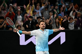 Switzerland’s Stan Wawrinka celebrates after winning against France's Arthur Gea during their men's singles match on day five of the Australian Open tennis tournament in Melbourne on January 22, 2026.