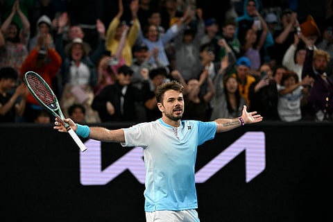Switzerland’s Stan Wawrinka celebrates after winning against France's Arthur Gea during their men's singles match on day five of the Australian Open tennis tournament in Melbourne on January 22, 2026.