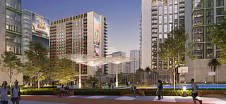 Artist impression of Emirates’ planned cabin crew village at Dubai Investments Park, featuring 20 residential towers and lifestyle amenities.