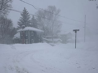 Strong winds kick up snow in Lowville, New York, on Saturday, January 24, 2026. 