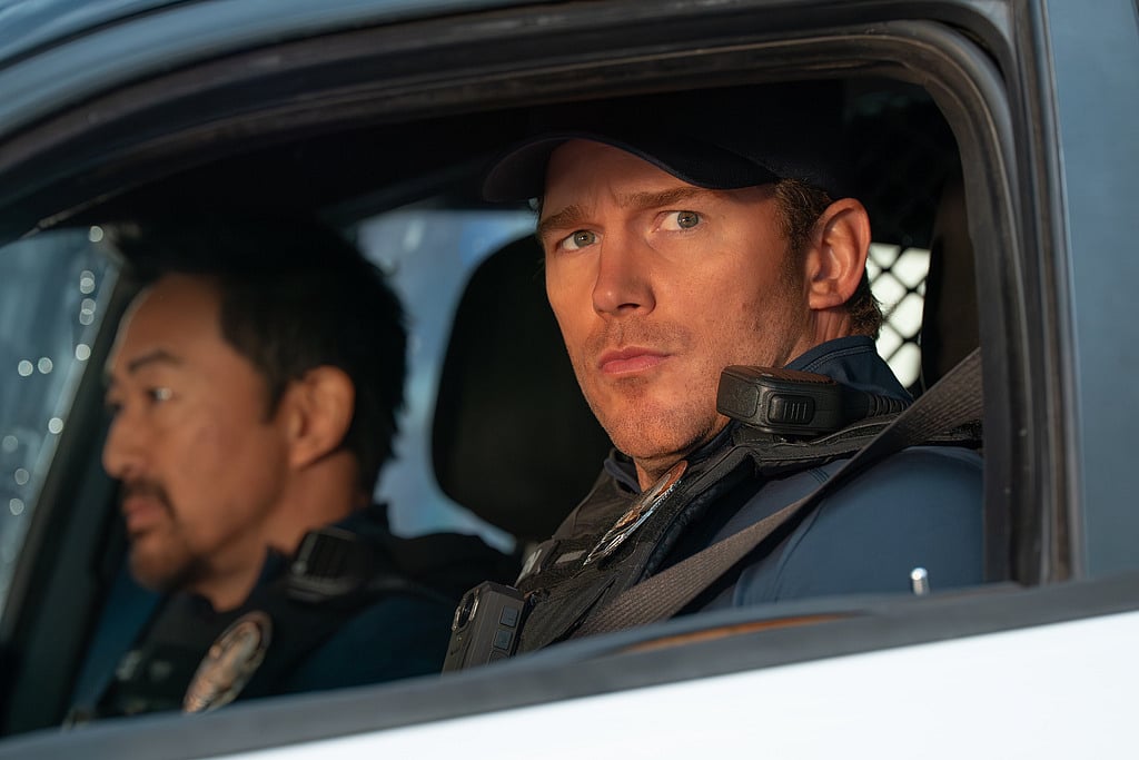 This image released by Amazon MGM Studios shows Kenneth Choi, left, and Chris Pratt in a scene from "Mercy." (Justin Lubin/Amazon MGM Studios via AP)