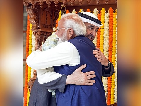 President His Highness Sheikh Mohamed bin Zayed is greeted by Modi during his recent visit to India.