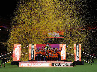Perth Scorchers players celebrate their win after the Big Bash League T20 final between Perth Scorchers and Sydney Sixers at the Optus Stadium in Perth on December 25, 2026.