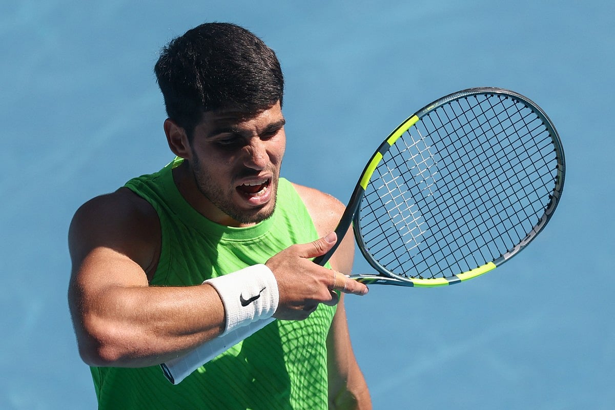 Spain's Carlos Alcaraz reacts after a point against USA's Tommy Paul during their men's singles match