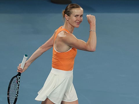 Ukraine's Elina Svitolina celebrates victory over USA's Coco Gauff after their women's singles quarter-final match on day ten of the Australian Open tennis tournament in Melbourne.