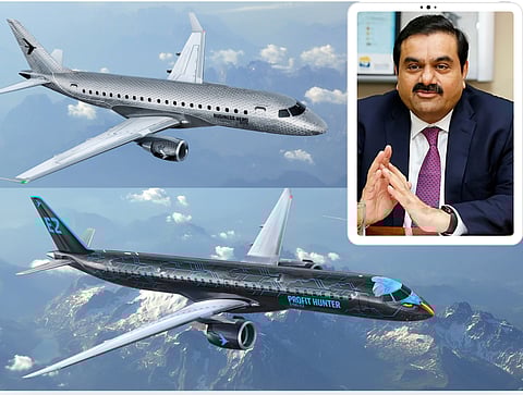 An Embraer jet and Indian tycoon Gautam Adani (inset). The subcontinent is making a huge step towards regional passenger jet assembly and manufacturing through its partnership with the Brazilian airframe maker.
