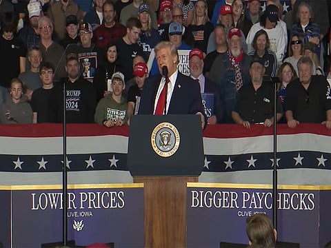 US President Donald Trump speaks during a campaign-style event in Clive, Iowa. 
