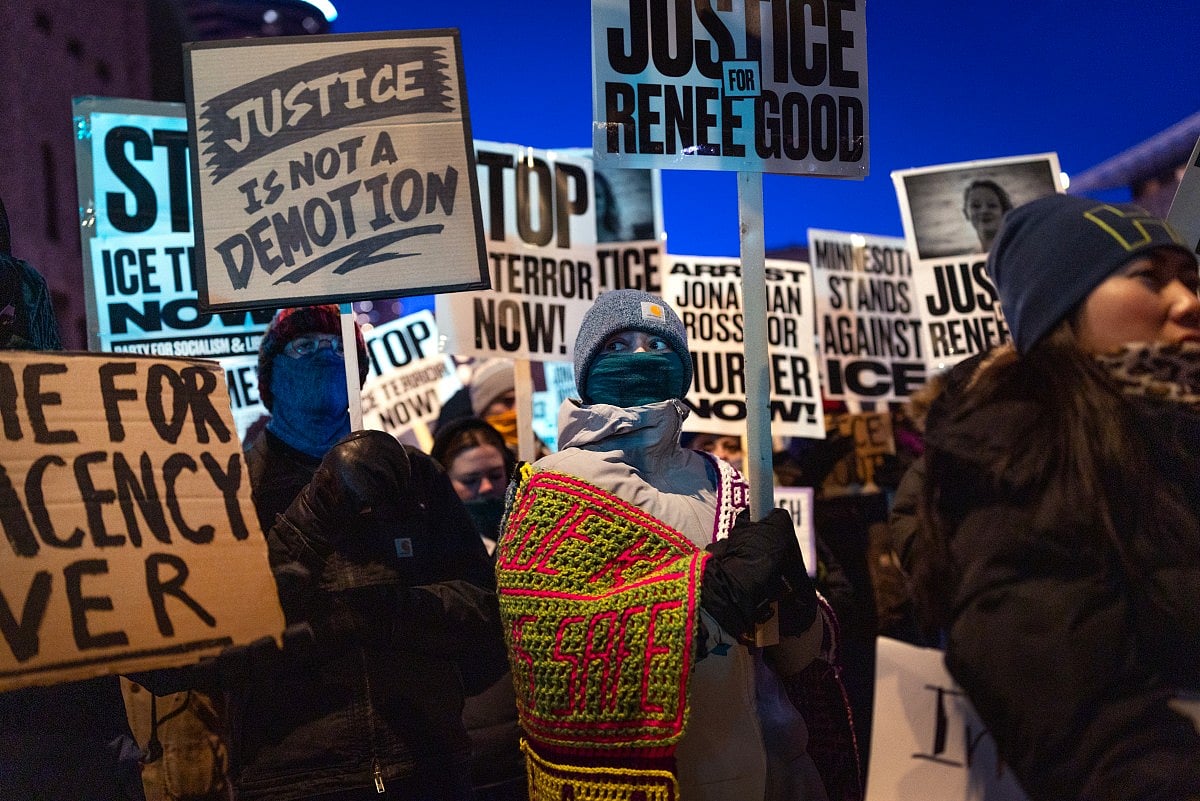 Demonstrators protest against Immigration and Customs Enforcement (ICE) operations in Minnesota on January 27, 2026 in Minneapolis, Minnesota.