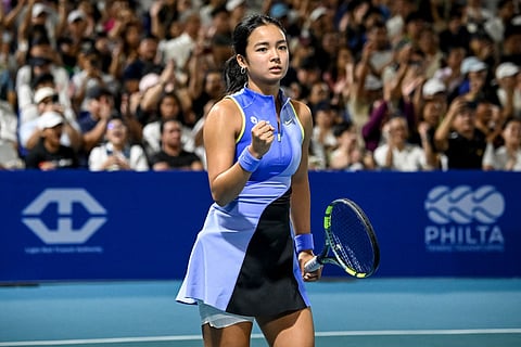 Philippines' Alexandra Eala reacts after a point against Japan's Himeno Sakatsume during their women's singles at the Philippine Women's Open tennis tournament in Manila on January 28, 2026.