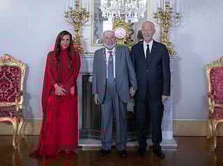 H.H. Sheikh Dr Sultan bin Mohammed Al Qasimi, Supreme Council Member and Ruler of Sharjah, with Sheikha Bodour bint Sultan Al Qasimi, Chairperson of the Sharjah Book Authority, and President of the Portuguese Republic, Marcelo Rebelo de Sousa, during the Lison trip.