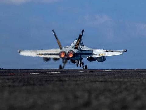 This handout image from the US Navy shows an EA-18G Growler launching from the flight deck of the Nimitz-class aircraft carrier USS Abraham Lincoln in the Indian Ocean on January 23, 2026. 