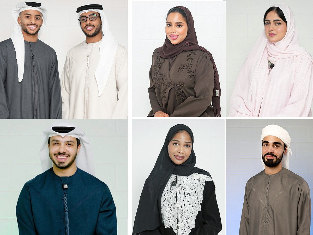 Clockwise from top left to right: Manea Alzaabi, Abdullah Alameri, Sara Alkhanjeri, Meera Alshehhi Fares Alhammadi, Sumaya Alkhanjeri and Nasser Aljeaidi