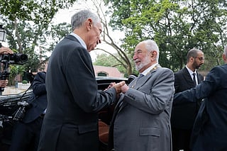 H.H. Sheikh Dr Sultan bin Mohammed Al Qasimi, Supreme Council Member and Ruler of Sharjah, with Marcelo Rebelo de Sousa, President of the Portuguese Republic, during the Lisbon trip.