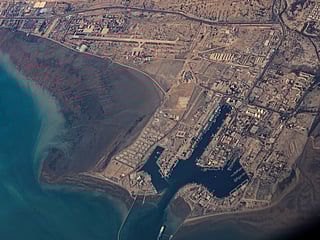 An aerial view of the Iranian shores and the Port of Bandar Abbas.