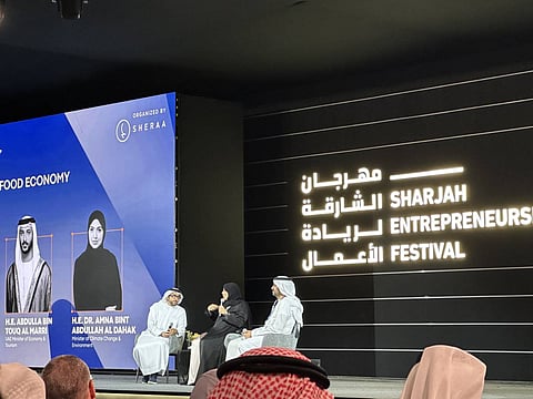 From left: Sheikh Fahim Bin Sultan Bin Khalid Al Qasimi, Executive Chairman, Department of Government Relations, Sharjah with Dr. Amna Bint Abdullah Al Dahak, Minister of Climate Change and Environment and Abdulla bin Touq Al Marri, UAE Minister of Economy and Tourism at SEF 2026. 