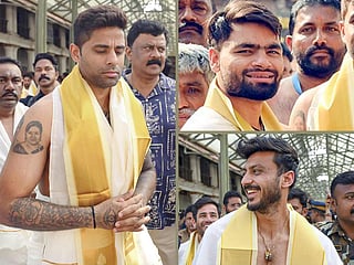 Clockwise from left: India captain Suryakumar Yadav, Rinku Singh and Axar Patel in traditional Kerala attire at the Sree Padmanabhaswamy Temple in Thiruvananthapuram.