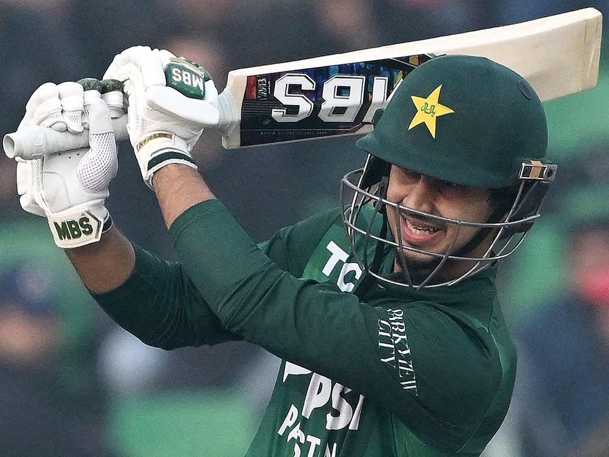 Pakistan's Saim Ayub plays a shot during the third T20I against Australia at the Gaddafi Stadium in Lahore on February 1, 2026.