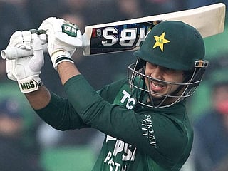 Pakistan's Saim Ayub plays a shot during the third T20I against Australia at the Gaddafi Stadium in Lahore on February 1, 2026. 