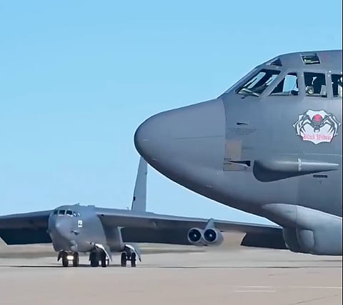 This file handout image from the US Department of Defence shows a US Air Force B-1B bomber taking off from the Diego Garcia military base on a strike mission against Afghanistan in Diego Garcia on October 7, 2001.