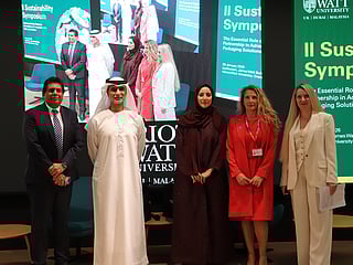 Left to Right: Dr Matthew Sukumaran, Chief Operating Officer of Heriot-Watt University Dubai; Maher Al Kaabi, Advisor to the Group Chairman and Independent Board Member, Al Serkal Group of Companies and Member of the UAE Circular Economy Council; Dr. Loubna Zaitouni, Senior Legal Affairs Specialist, Special Projects Department - Minister Office; Dr Nika Salvetti (Visiting Professor and Lead Coordinator of the Packaging for Sustainability Programme and Scientific Platform on Sustainable Packaging; and Anna Schebsdat, Head of Executive Education at Heriot-Watt University Dubai.