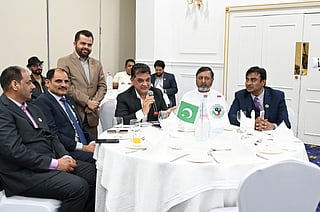 Some prominent Pakistani community members during a reception to interact with Federal Minister for Overseas Pakistanis in Sharjah.