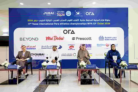 Majid Al Usaimi (second from right) speaks during the launch Press Conference of Fazza Championships.