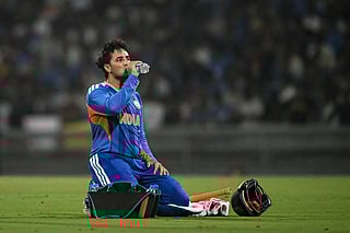 India's Abhishek Sharma during a break in the 2026 ICC Men's T20 Cricket World Cup warm-up match between India and South Africa at the DY Patil Stadium in Navi Mumbai on February 4, 2026.