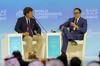 Calixto Ortega Sánchez, Vice President for Economy of the Republic, Government of the Bolivarian Republic of Venezuela  in conversation with Tucker Carlson on the second day of World Government Summit.