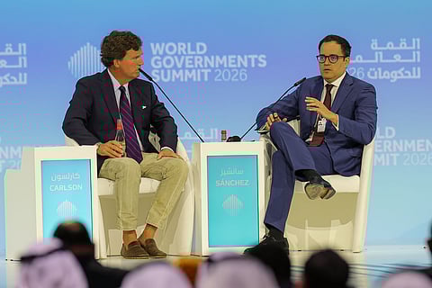 Calixto Ortega Sánchez, Vice President for Economy of the Republic, Government of the Bolivarian Republic of Venezuela  in conversation with Tucker Carlson on the second day of World Government Summit.