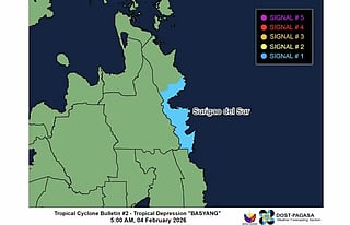 Tropical Depression Basyang: Signal No. 1 hoisted over the southern areas of Surigao del Sur.
