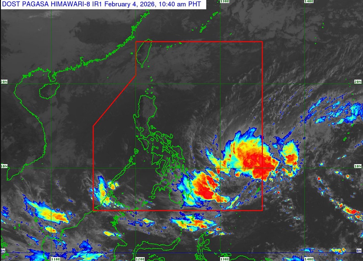 Location of Basyang as of 11am, on February 4, 2026. Weathermen say Basyang could "gradually intensify" while over the Philippine Sea and may reach tropical storm category on Wednesday. 

