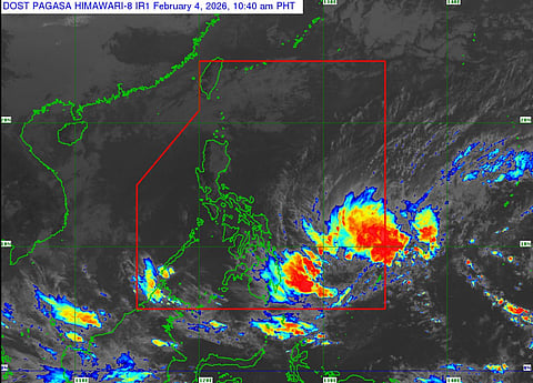 Location of Basyang as of 11am, on February 4, 2026. Weathermen say Basyang could "gradually intensify" while over the Philippine Sea and may reach tropical storm category on Wednesday. 

