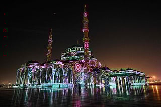 Sharjah Mosque glows in vibrant colours during the 15th Sharjah Light Festival.