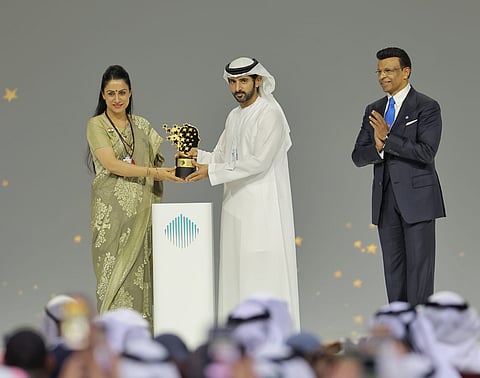 Indian teacher Rouble Nagi receives the $1-million Global Teacher Prize at the World Governments Summit 2026 in Dubai, presented by Sheikh Hamdan bin Mohammed bin Rashid Al Maktoum, Crown Prince of Dubai, Deputy Prime Minister, Minister of Defence, alongside GEMS Education founder Sunny Varkey.