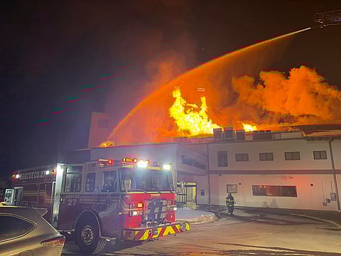 This photo provided by NEPA Fire Photography, shows firefighters battling a blaze at the Lehigh Valley Hospital on Wednesday, Feb. 4, 2026 in Dickson City, Pa. (NEPA Fire Photography via AP)