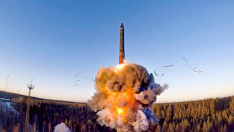 This photo taken from a video distributed on Dec. 9, 2020 by the Russian Defense Ministry Press Service, shows a rocket launch as part of a ground-based intercontinental ballistic missile test at the Plesetsk facility in northwestern Russia. (Russian Defense Ministry Press Service via AP, File)