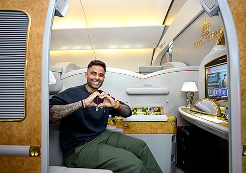 Suryakumar Yadav in Emirates First Class, featured in the airline’s new ICC Men’s T20 World Cup ad campaign.