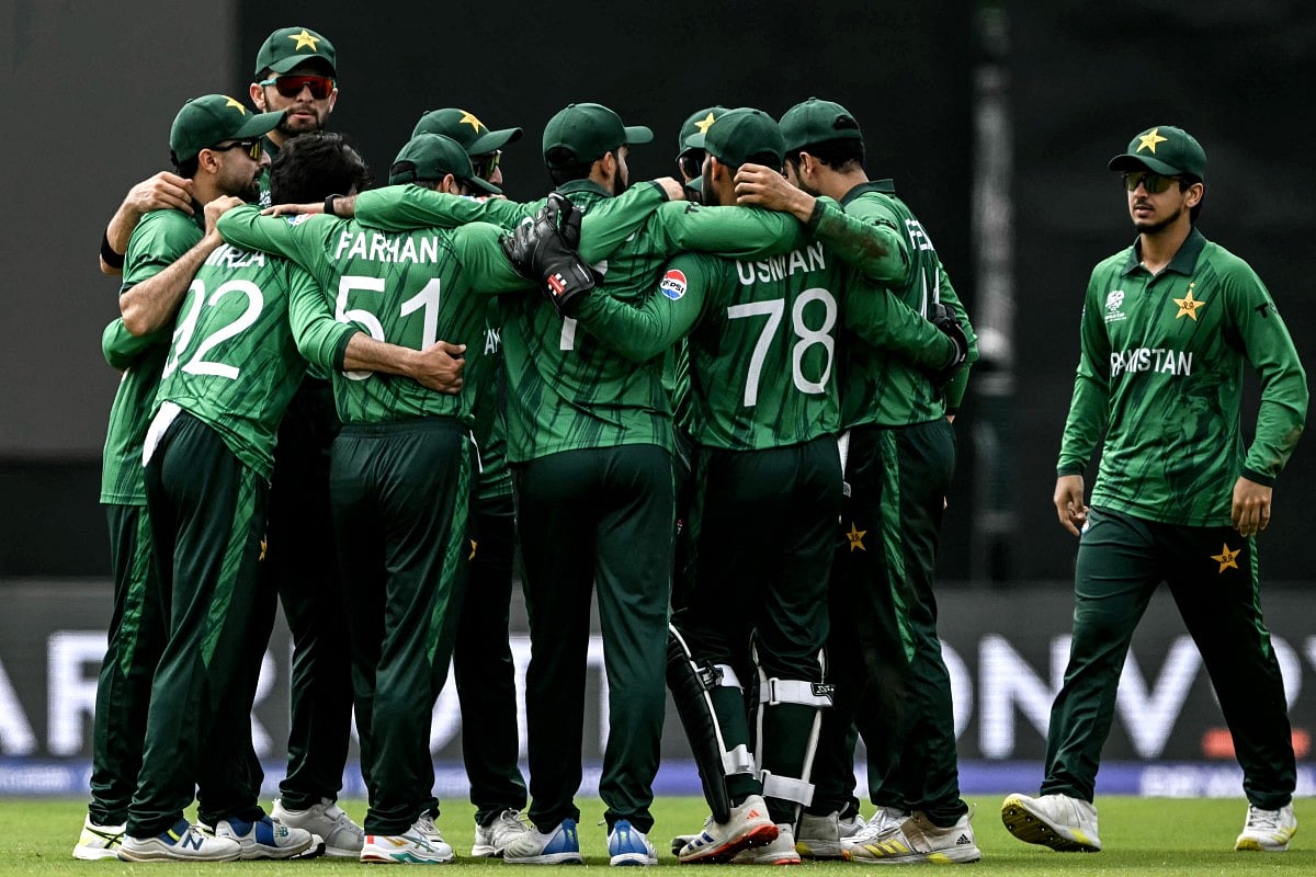 Pakistan's players celebrate after the dismissal of Netherlands' Max O'Dowd during the 2026 ICC Men's T20 Cricket World Cup group stage match between Pakistan and Netherlands at the Sinhalese Sports Club (SSC) Ground in Colombo on February 7, 2026.