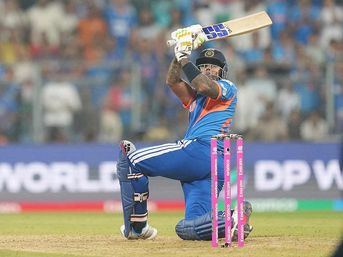 India's captain Suryakumar Yadav plays a shot during the T20 World Cup cricket match against USA in Mumbai, India, Saturday, Feb. 7, 2026. 