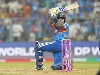 India's captain Suryakumar Yadav plays a shot during the T20 World Cup cricket match against USA in Mumbai, India, Saturday, Feb. 7, 2026. 