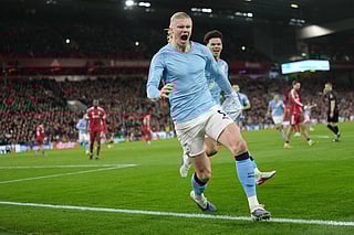 Manchester City's Erling Haaland celebrates after scoring uring the English Premier League soccer match between Liverpool and Manchester City in Liverpool, England, Sunday, Feb. 8, 2026. 