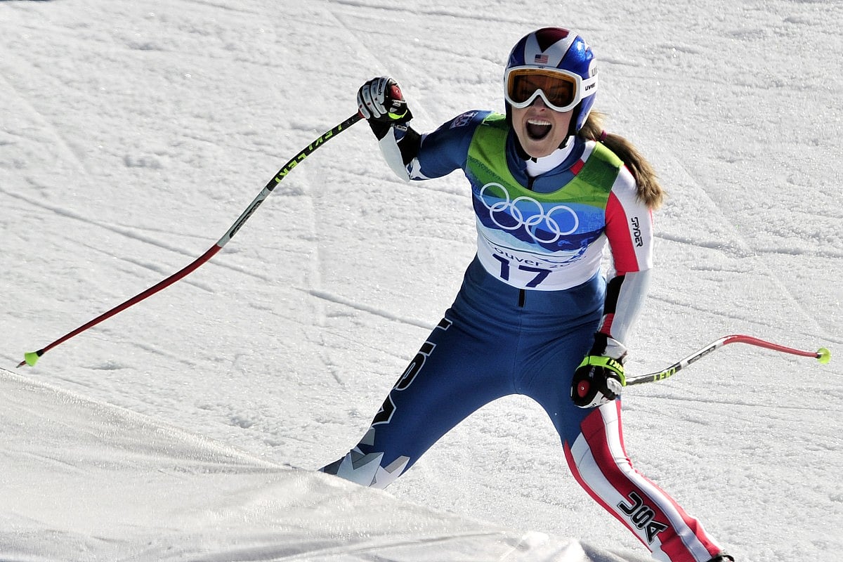 USA's Lindsey Vonn celebrates during the Women's Vancouver 2010 Winter Olympics Super-G event at Whistler Creek side Alpine skiing venue on February 20, 2010.