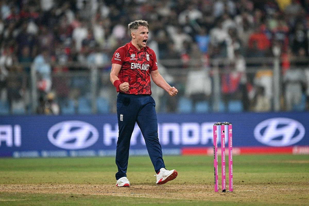 England's Sam Curran reacts after his team's win at the end of the 2026 ICC Men's T20 Cricket World Cup group stage match between England and Nepal at the Wankhede Stadium in Mumbai on February 8, 2026.