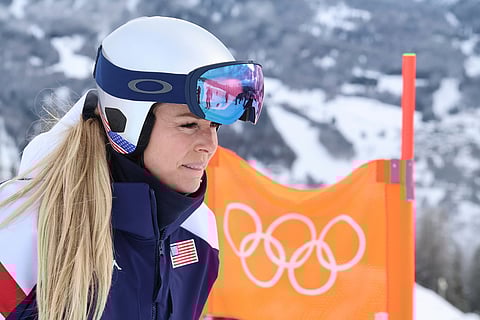 United States' Lindsey Vonn ahead of an alpine ski, women's downhill official training, at the 2026 Winter Olympics, in Cortina d'Ampezzo, Italy, Friday, Feb. 6, 2026.