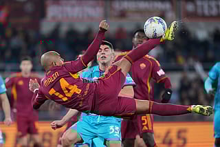 Roma's Donyell Malen in action during the Serie A soccer match between Roma and Cagliari, in Rome, Italy, Monday, Feb. 9, 2026.