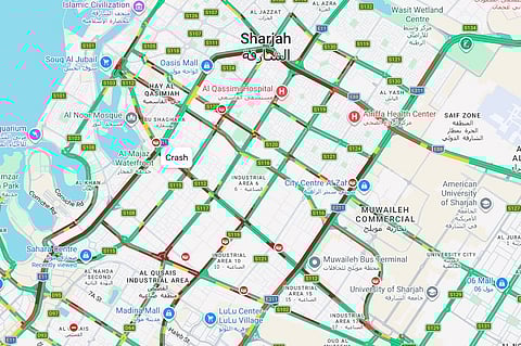 Morning rush hour traffic on Al Wahda Road (towards Dubai)in Sharjah.
