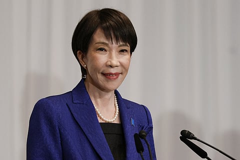 Japan's Prime Minister Sanae Takaichi, leader of the ruling Liberal Democratic Party (LDP), speaks during a press conference at the LDP headquarters in Tokyo on February 9, 2026.